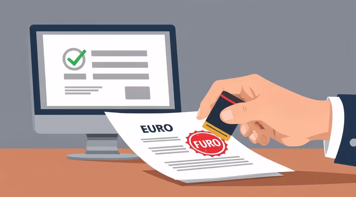 Stempel drückt Euro-Zeichen auf Dokument, Computerbildschirm zeigt Bestätigung für Umwandlung von Kronen.