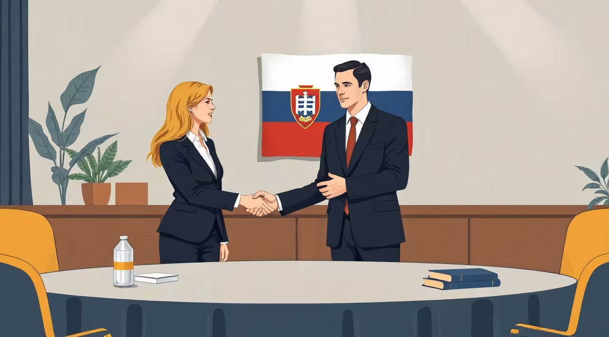 Juristin schüttelt einem Banker die Hand, slowakische Flagge im Hintergrund, bei einer Wirtschaftsveranstaltung in der Botschaft.