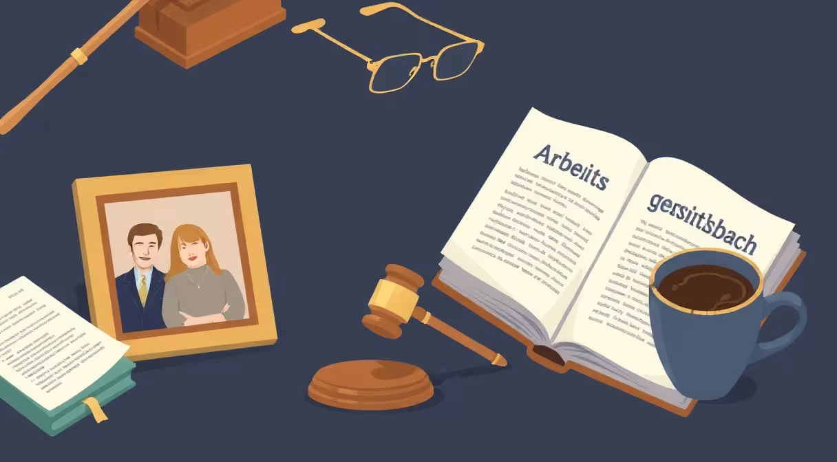 Arbeitsgesetzbuch und Familienfoto auf einem Schreibtisch symbolisieren die neuen Regelungen für berufstätige Eltern.