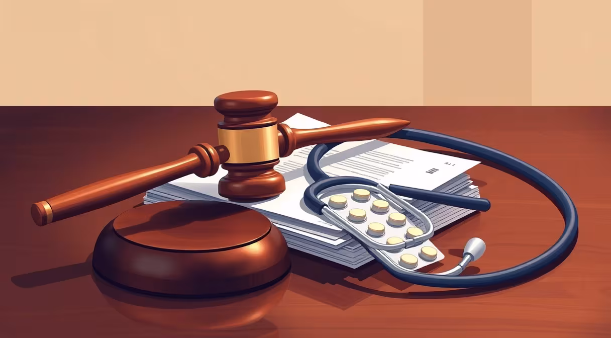 Gavel, lieky a stetoskop na drevenom stole symbolizujúce právne zmeny v zdravotníctve