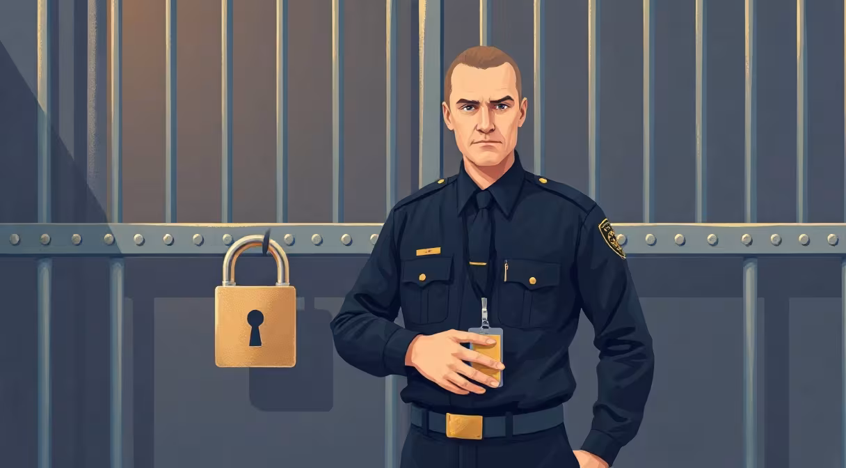 Strážny muž v uniforme s odznakom pred zamknutou bránou, symbolizujúci novú právnu úpravu bezpečnostných služieb.