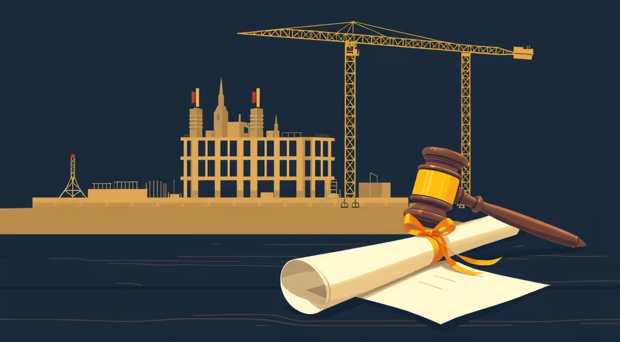 Súdne kladivo a zviazaný dokument na stole pred rozostavanou priemyselnou stavbou s žeriavom, ilustrujúce právnu úpravu významných investícií.