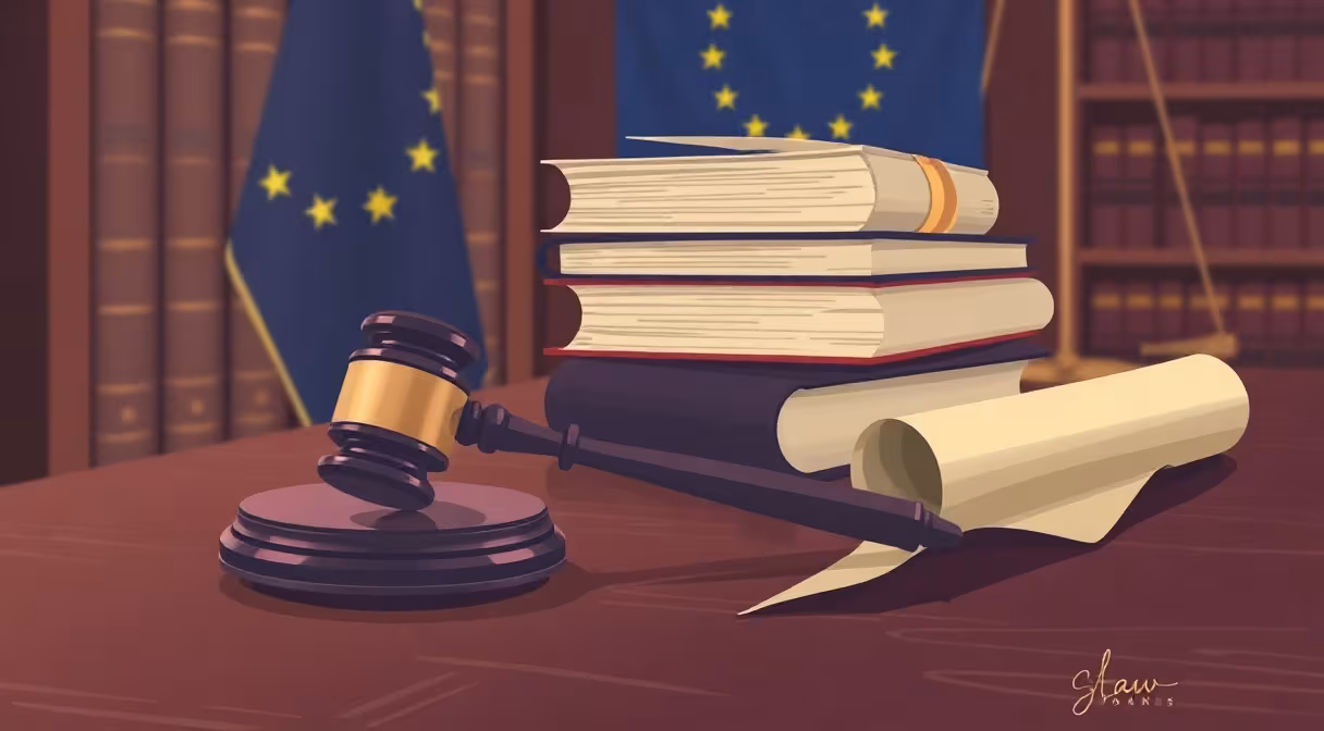 Kladivo na stole s knihami a zvitkom, v pozadí vlajka EÚ – ilustrácia novej úpravy verejného obstarávania