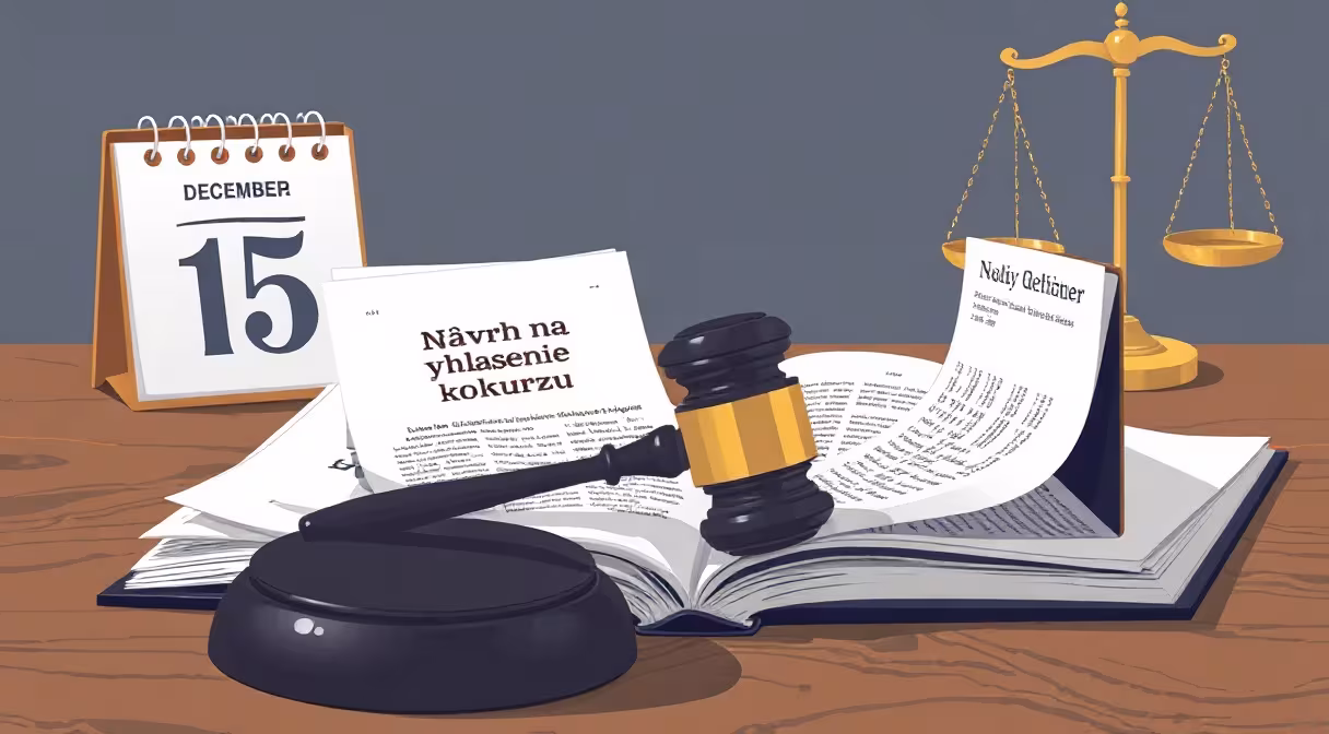 Sudcovské kladivo na knihe s konkurznými návrhmi a kalendárom so zvýrazneným dátumom novely.