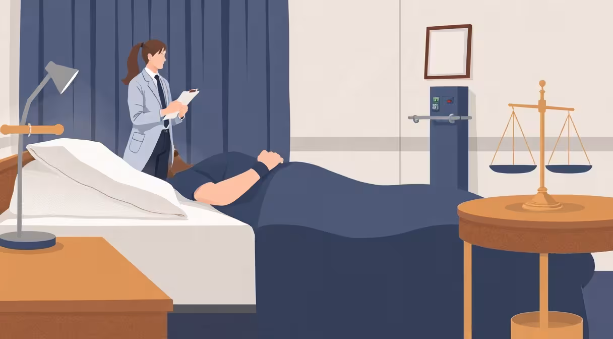 Pacient so zdravotným postihnutím v psychiatrii s obmedzovacími prostriedkami pod dohľadom lekára a symbolmi zákona.