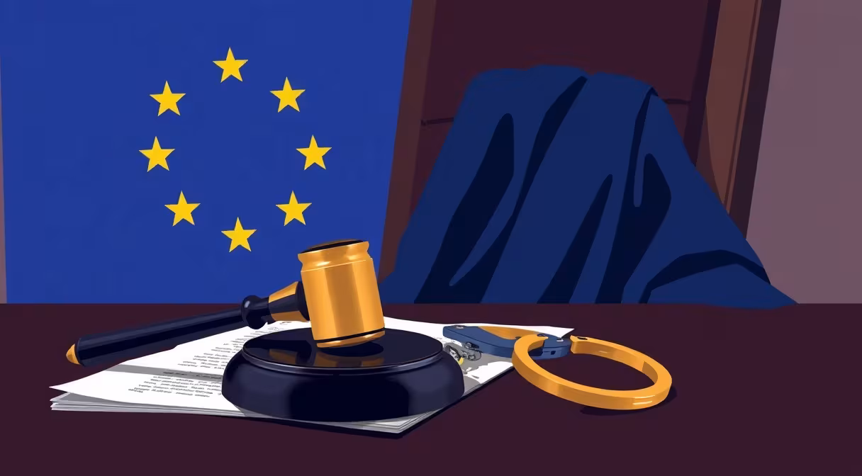 Gavel s putami na dokumente s vlajkou EÚ v pozadí a sudcovským rúškom na stoličke.