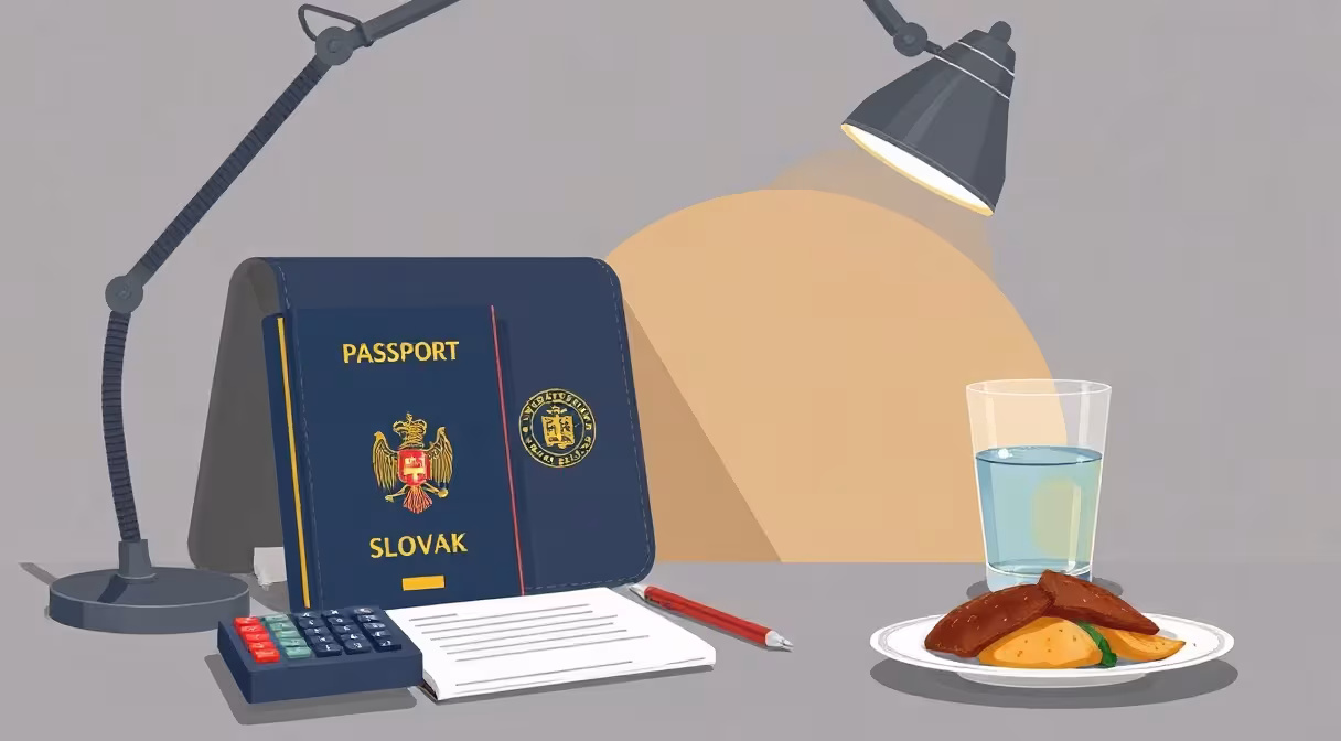 Stravné lístky a papiere na stole pri tanieri s jedlom.
