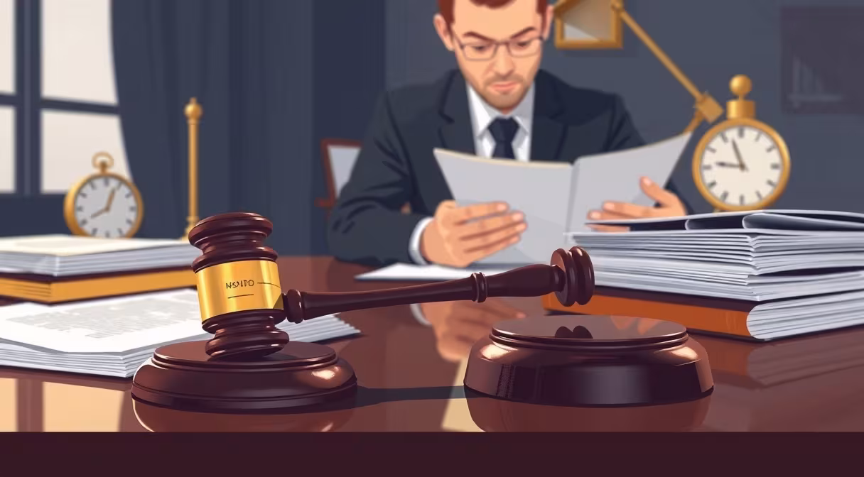 Sudca s kladivom pri dokumentoch o prihlasovaní pohľadávok v konkurznom konaní.