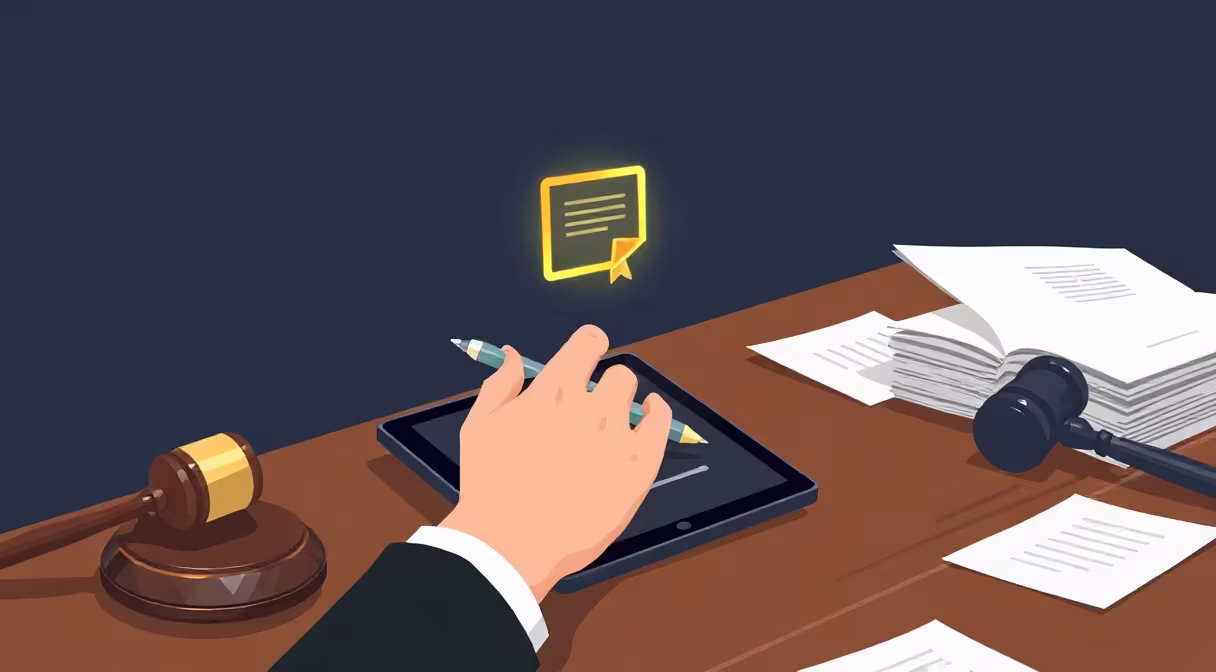 Muž podpisuje elektronický tablet perom, nad ním svieti ikona digitálneho certifikátu, vedľa leží kladivo a papiere na stole.