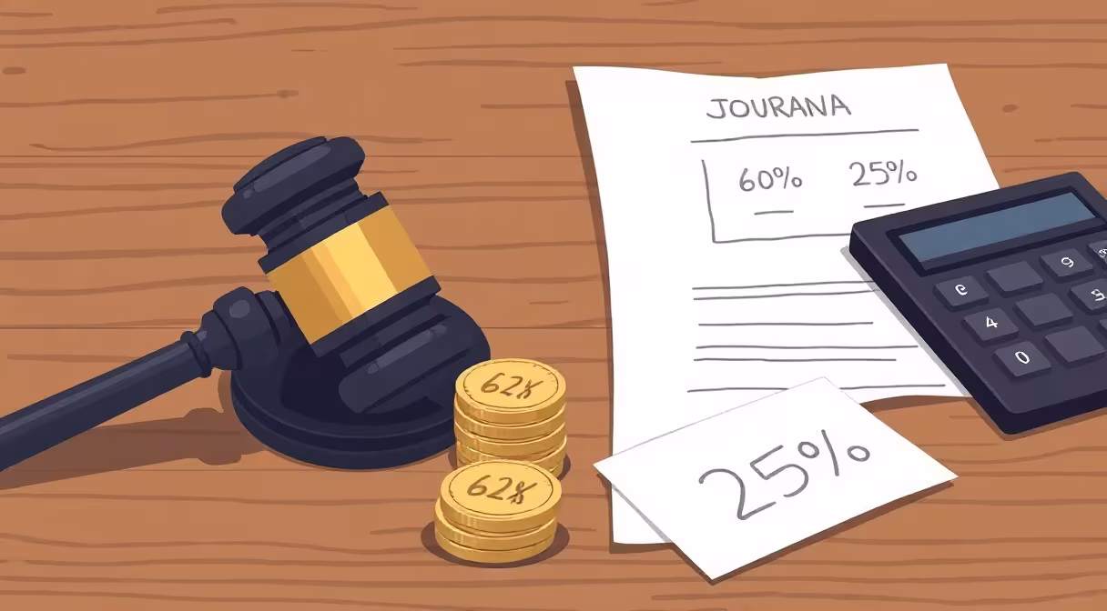 Sudcovské kladivo vedľa mincí a kalkulačky s percentami 60% a 25% symbolizuje nové pravidlá zrážok zo mzdy.