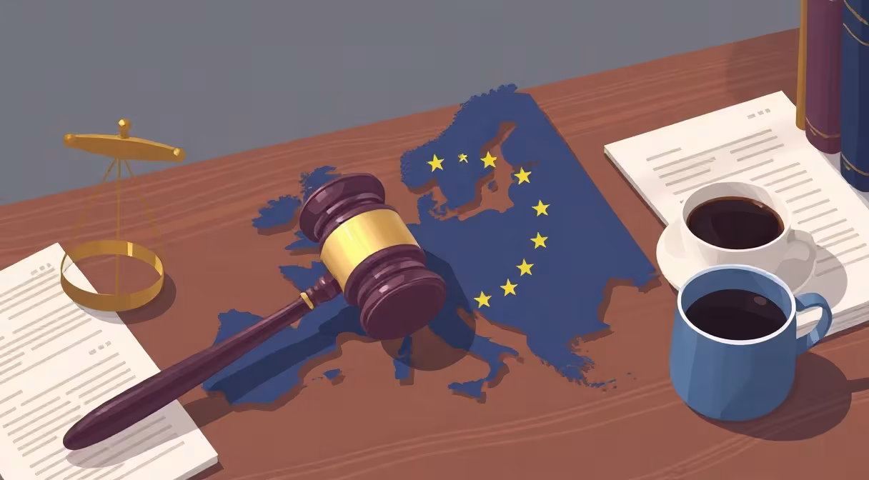 Kladivo na mape Európskej únie s právnymi dokumentmi počas diskusie o smernici.