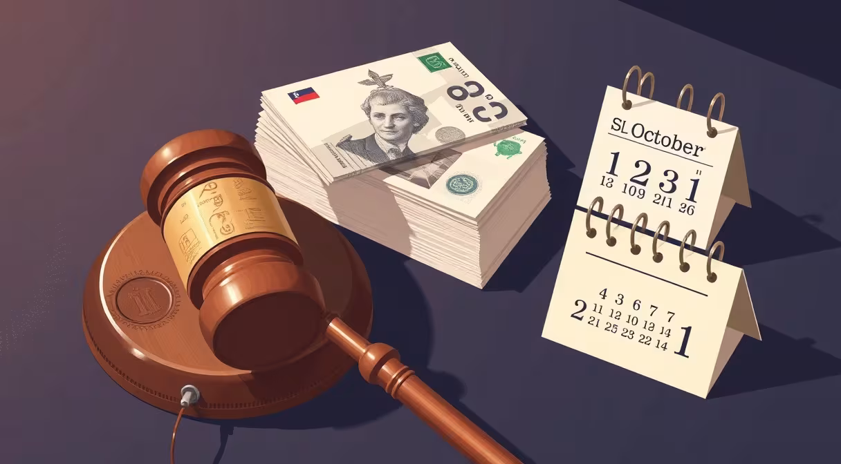 Gavel a peniaze na stole symbolizujúce zvýšenie minimálnej mzdy od októbra.