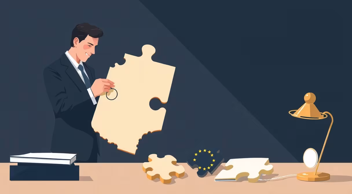 Právny poradca skúma dielik puzzle v tvare mapy Slovenska s hviezdami EÚ na stole.