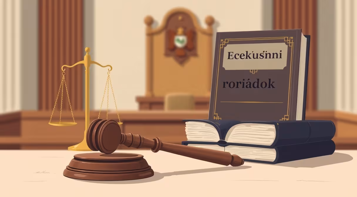 Kladivo a váhy spravodlivosti na stole v súdnej sieni, symbolizujúce novelu exekučného poriadku.