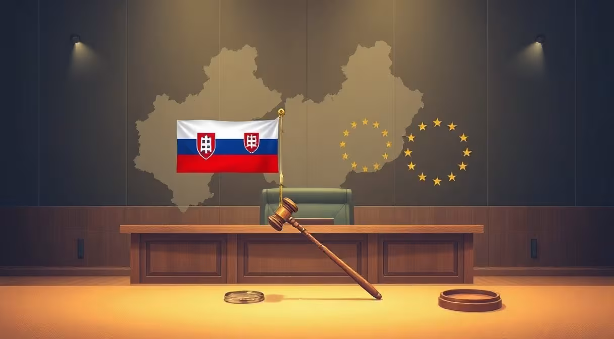 Súdna sieň s vlajkami SR a EÚ a prekrývajúcimi sa mapami znázorňujúcimi cezhraničný konkurz.
