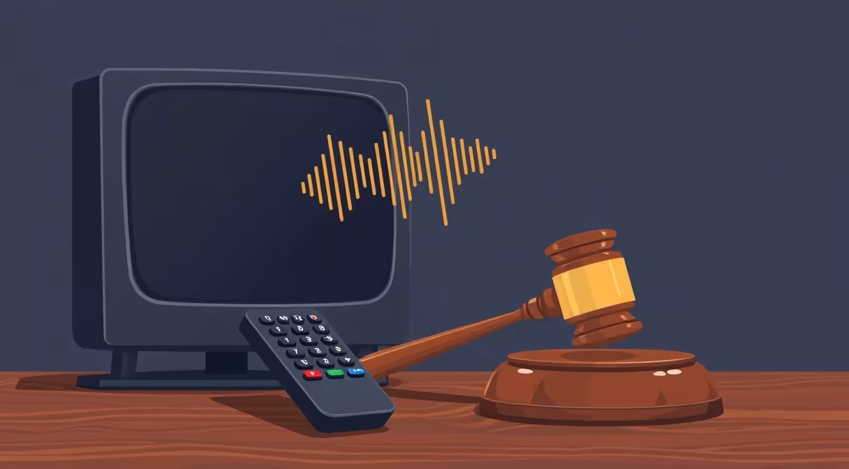 Ovládač s vlnami zvuku vedľa sudcovskej paličky na stole, symbol novely o zvukovej intenzite reklamy.