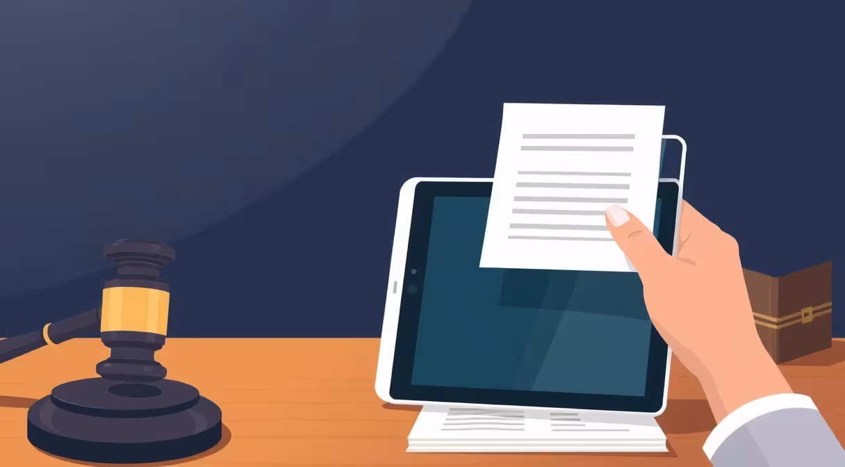 Ruka vkladá papierový dokument do digitálneho tabletu s formulárom obchodného registra na stole s knihou a kladivom.
