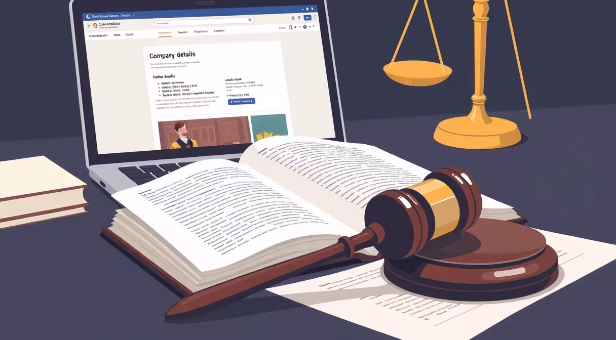 Gavel a zákonník vedľa notebooku s webovou stránkou firmy.
