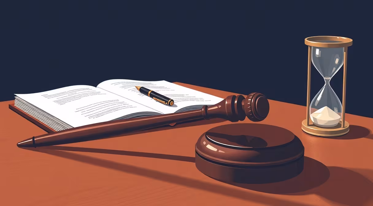 Gavel a presýpacie hodiny na stole s právnym dokumentom symbolizujúce novelu Občianskeho súdneho poriadku.