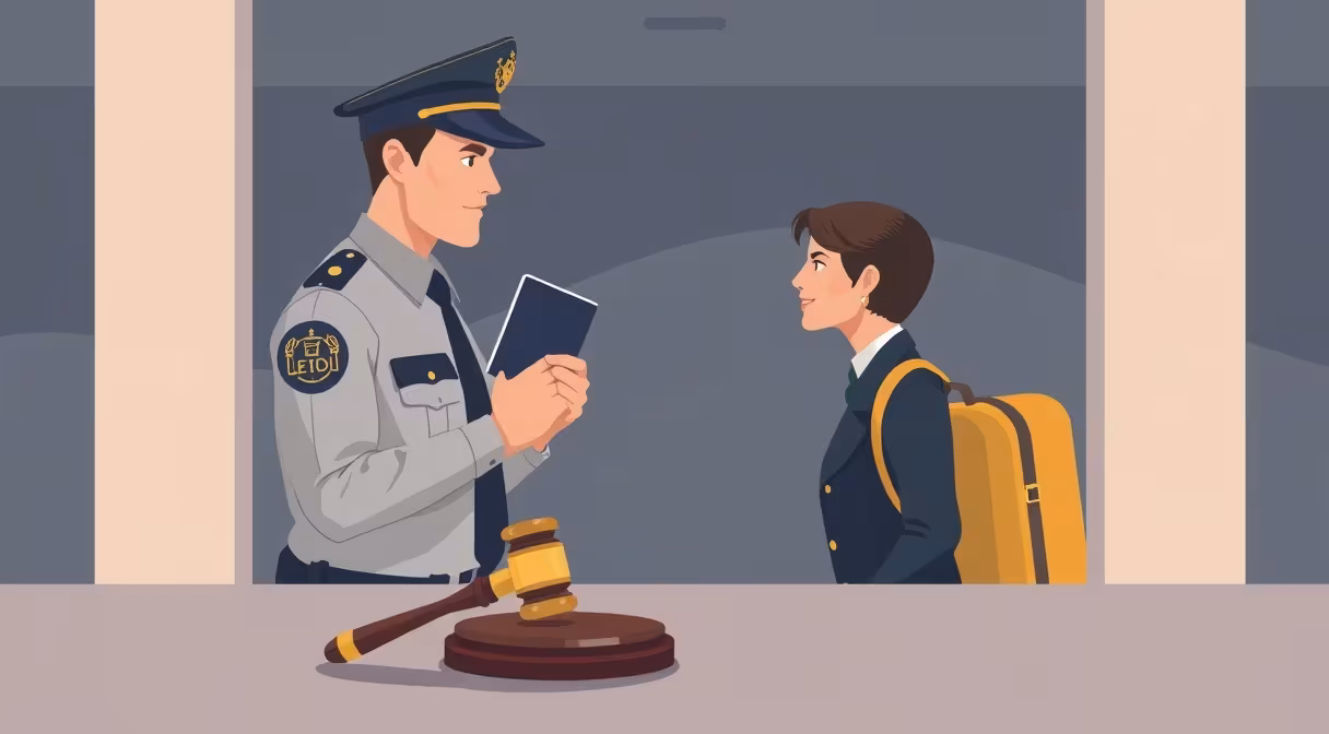 Policajt kontroluje pas cudzinca na hranici, v popredí gombík symbolizujúci cudzinecké právo.