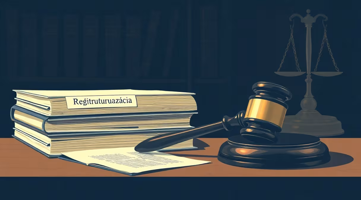Súdne kladivo na drevenom stole vedľa dokumentov o reštrukturalizácii.