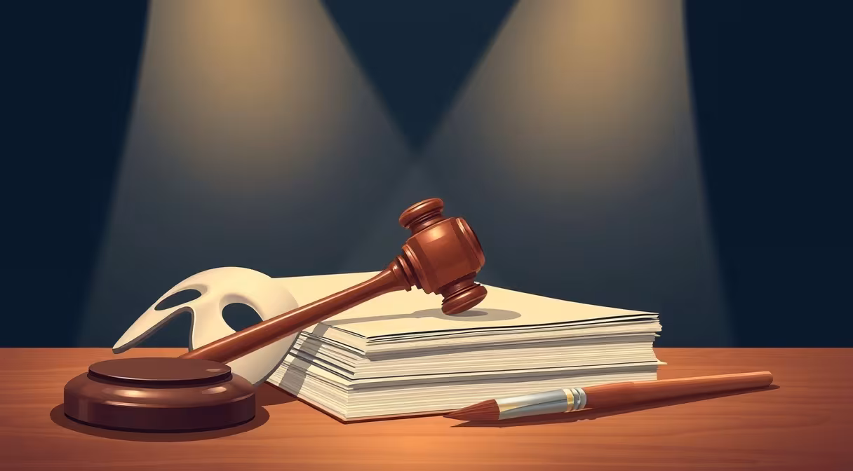 Gavel, dokumenty, divadelná maska a štetec na stole, symbolizujúce grantový systém pre kultúru.