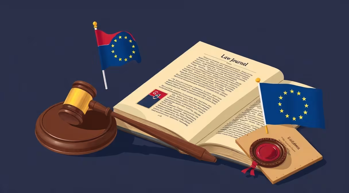 Gavel, otvorená kniha zákona o európskom družstve, vlajka EÚ a pečať.
