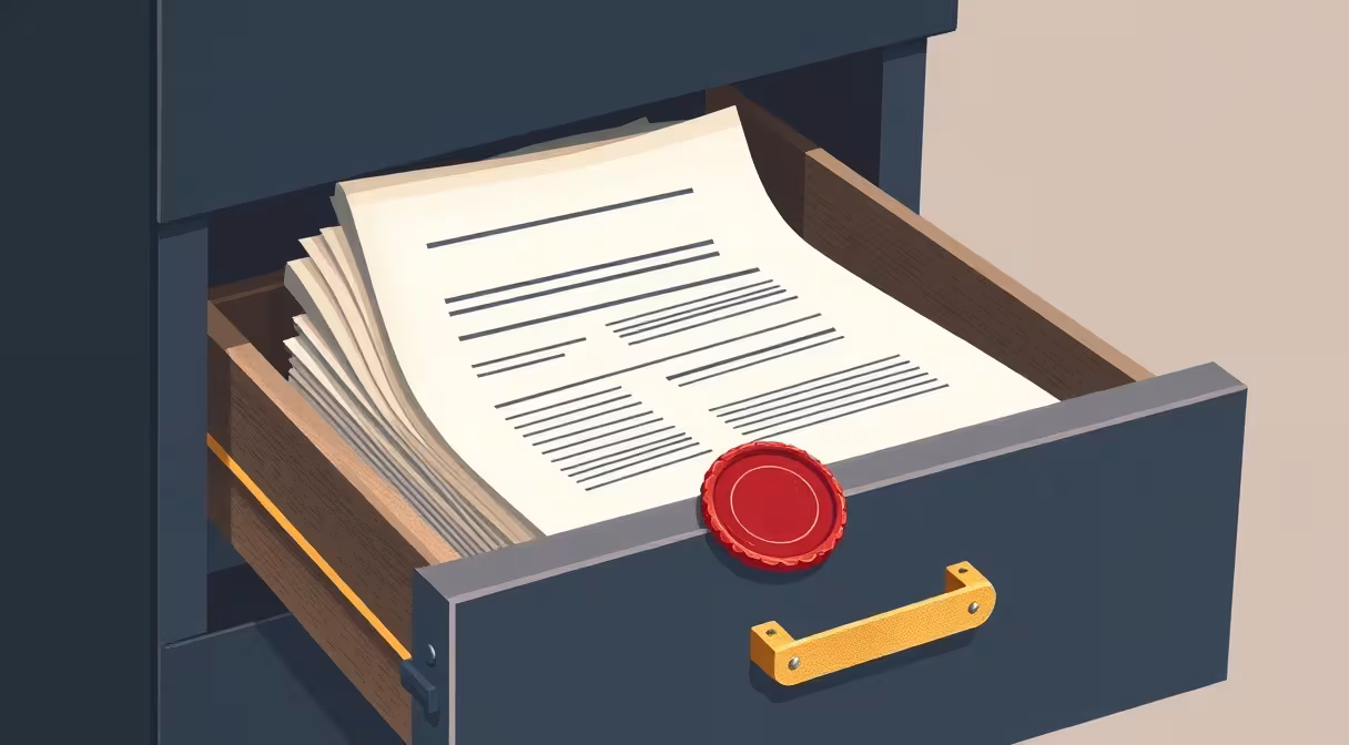 Otvorená zásuvka registratúrneho skrinka s dokumentami a pečiatkou, znázorňujúca zmeny v pravidlách vedenia registratúry.