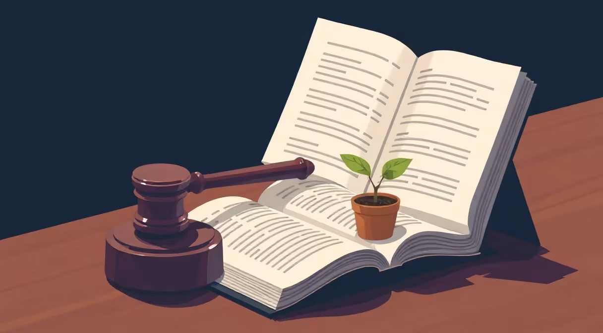 Gavel, otvorená kniha zákona a bonsai na stole symbolizujúce novelu živnostenského zákona.