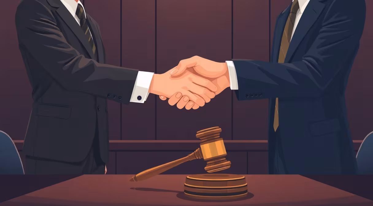 Podanie ruky medzi dlžníkom a veriteľom v súdnej sieni s reštrukturalizačným plánom na stole a kladivkom