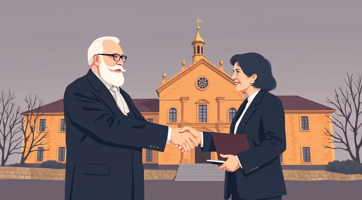 Starosta obce si podáva ruku s úradníkom ministerstva pred zrekonštruovanou historickou budovou.