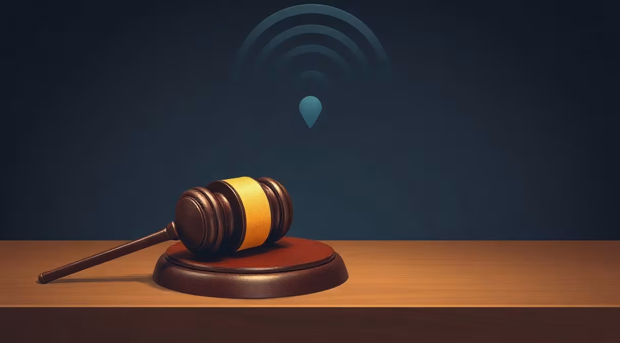 Kladivo sudcu vedľa digitálnej antény na stole s holografickou frekvenčnou vlnou symbolizujúcou zákon o digitálnom vysielaní