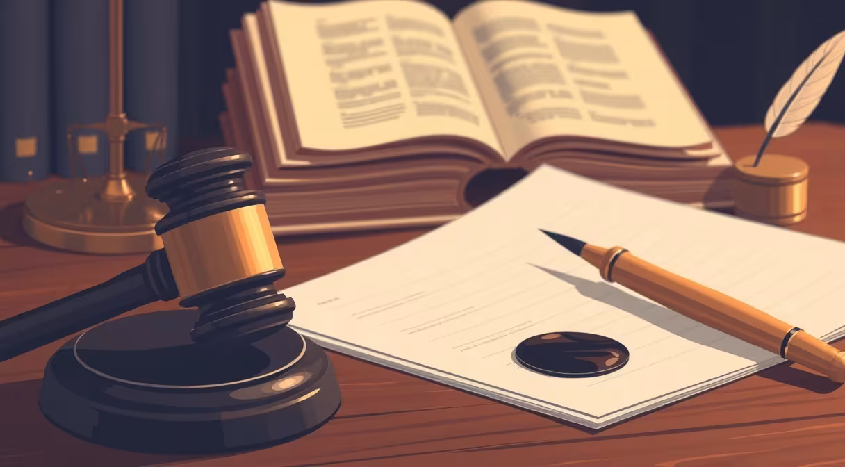 Súdne kladivo a právne dokumenty na stole, ilustrujúce novelu občianskeho súdneho poriadku.