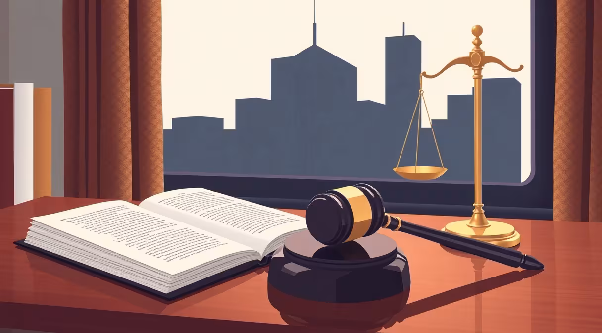 Gavel, law book and váhy spravodlivosti na stole s obrysom korporátnej budovy v pozadí, symbolizujúce trestnú zodpovednosť právnických osôb.