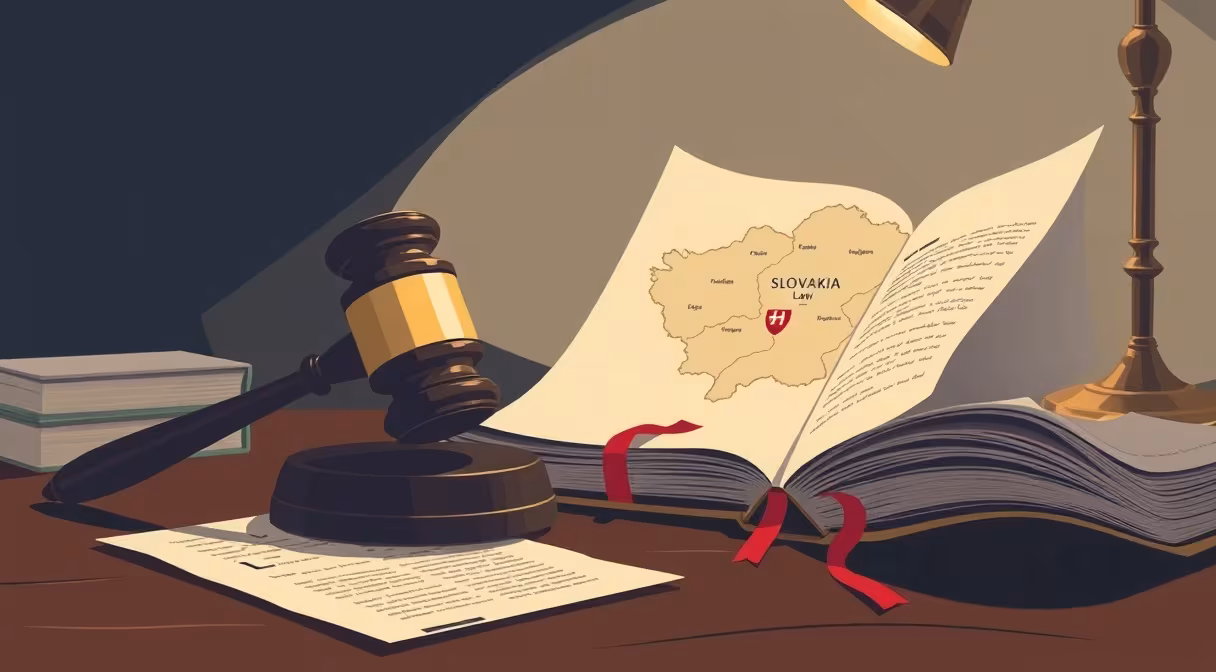 Sudcovské kladivo na mape Slovenska so zvýraznenými okresnými súdmi a otvorená kniha zákonov.