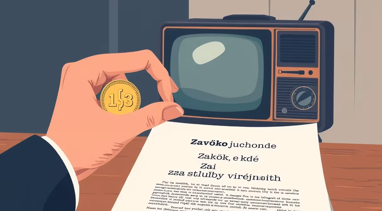Ruka vkladá mincu na dokument zákona v pozadí s televízorom a rádiom