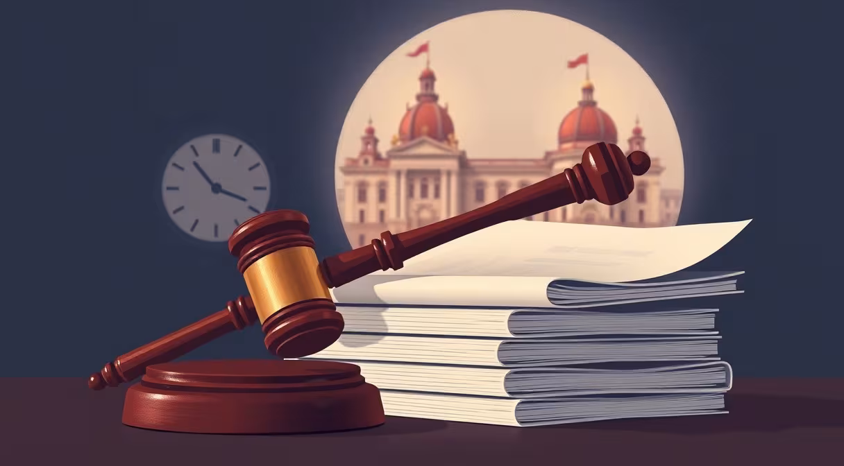 Gavel a dokumenty na stole s hodinami a parlamentom v pozadí, symbolizujúce novelu Zákonníka práce.