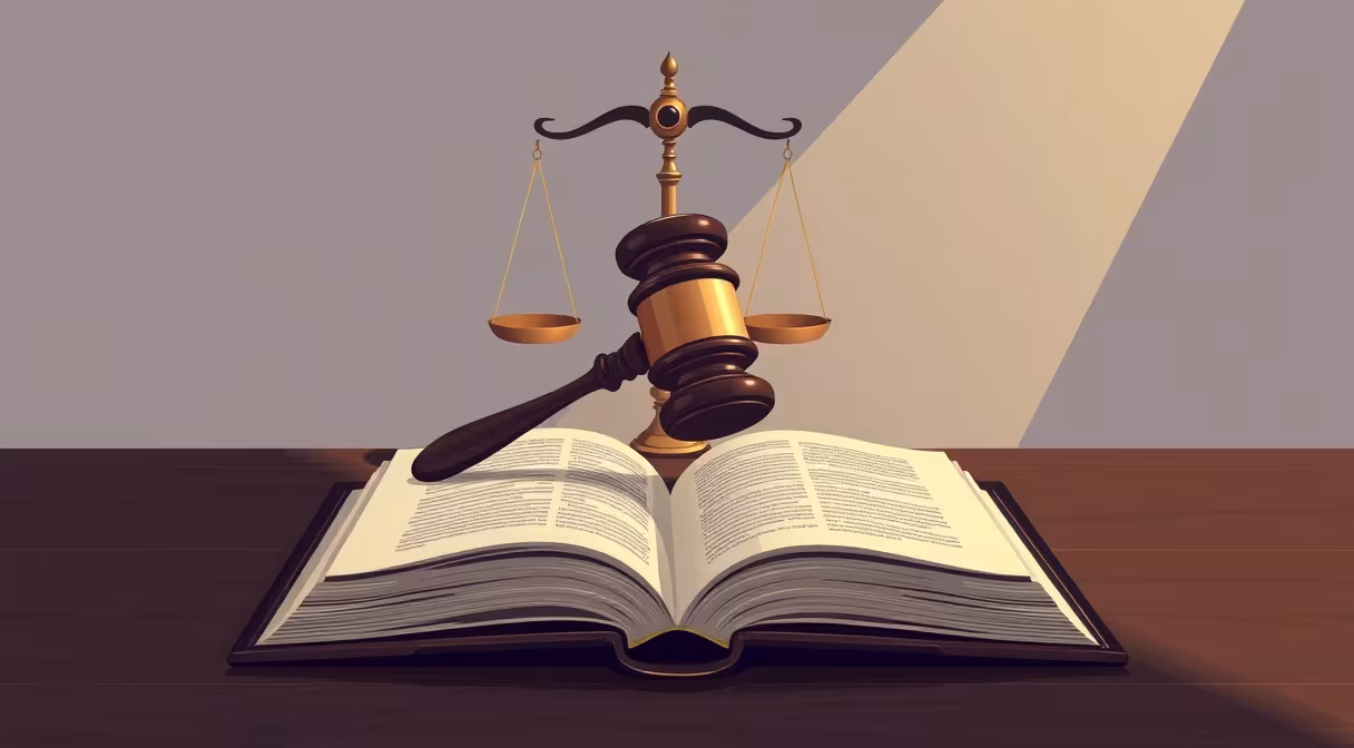 Otvor enú knihu zákona na stole s kladivom a váhami spravodlivosti v pozadí, symbolizujúce antidiskrimináciu.