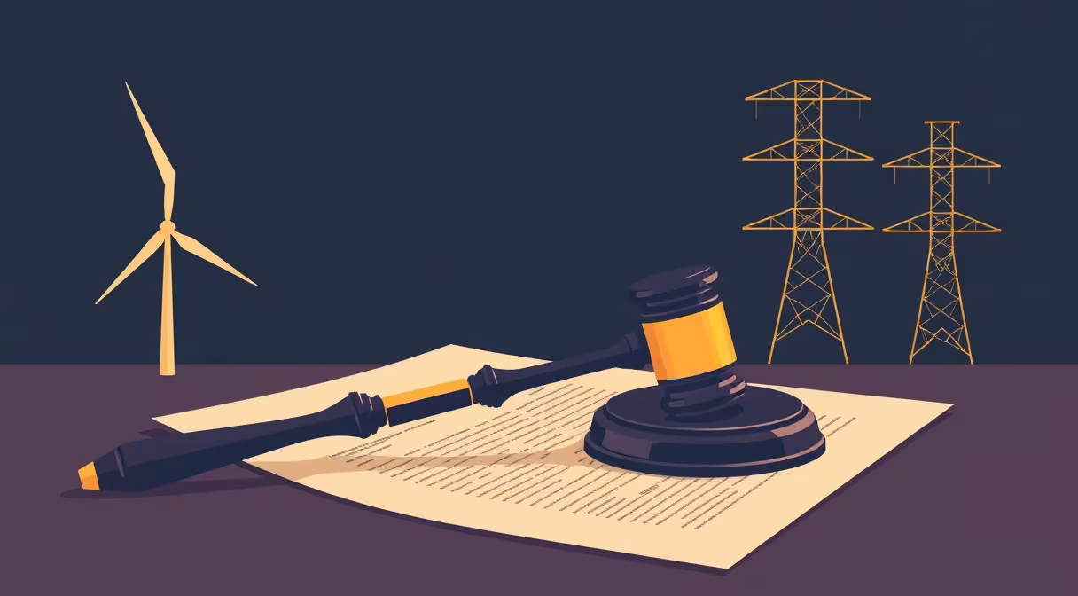 Kladivo na dokumente s veternou turbínou a elektrickými vedeniami, symbolizujúce právne úpravy v energetike.