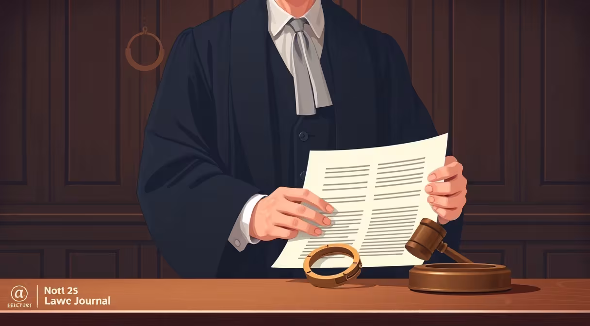 Právnik v talári drží dokument s kladivkom a putami na drevenom stole v súdnej sieni.