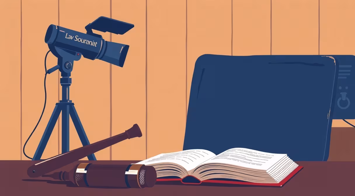 Súdne kladivo a otvorená kniha zákonov na súde s mikrofónom a televíznou kamerou v pozadí za novelizáciu zákona o vysielaní.