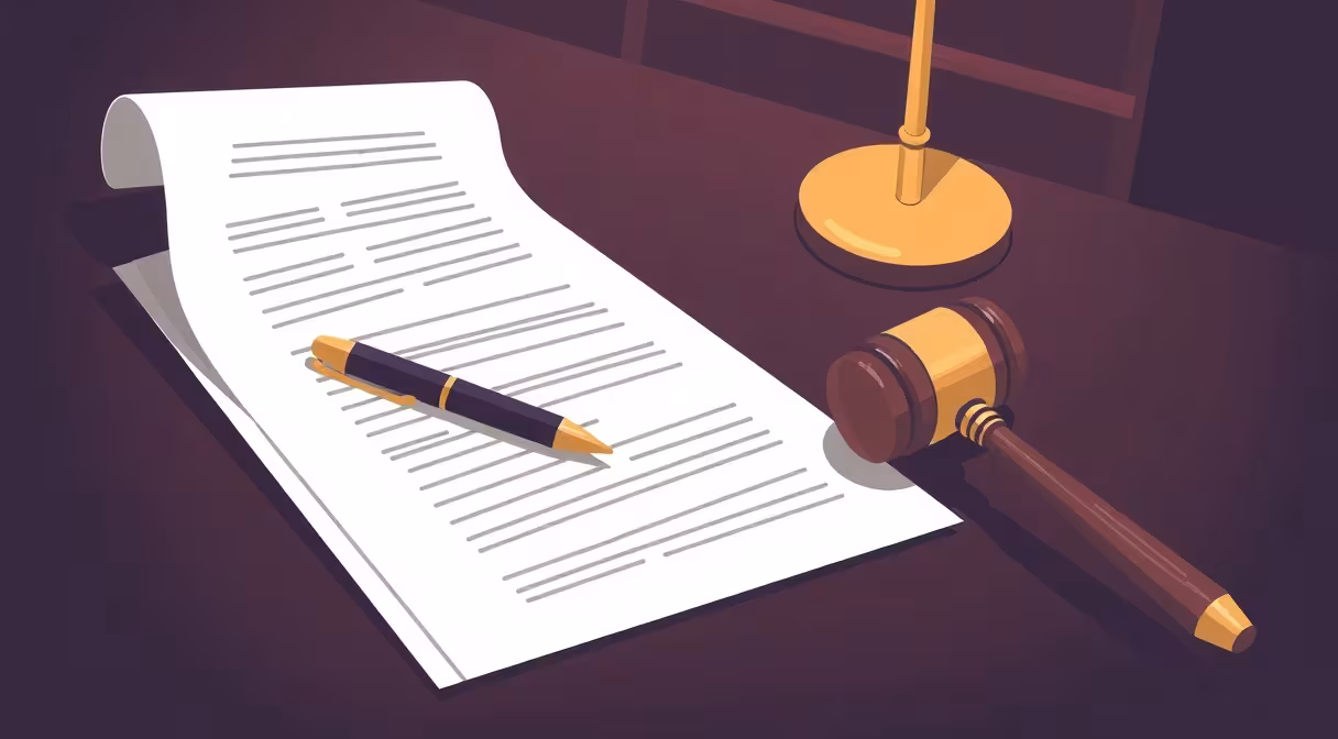 Gavel a dokument na stole s lekárskym krížom v pozadí, symbolizujúci náhradu za bolesť.