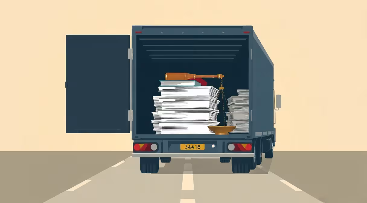 Nákladné auto s otvorenými dverami, v ktorom leží váha, kladivo a dokumenty, symbolizujúce zmeny v zodpovednosti dopravcu podľa CMR.