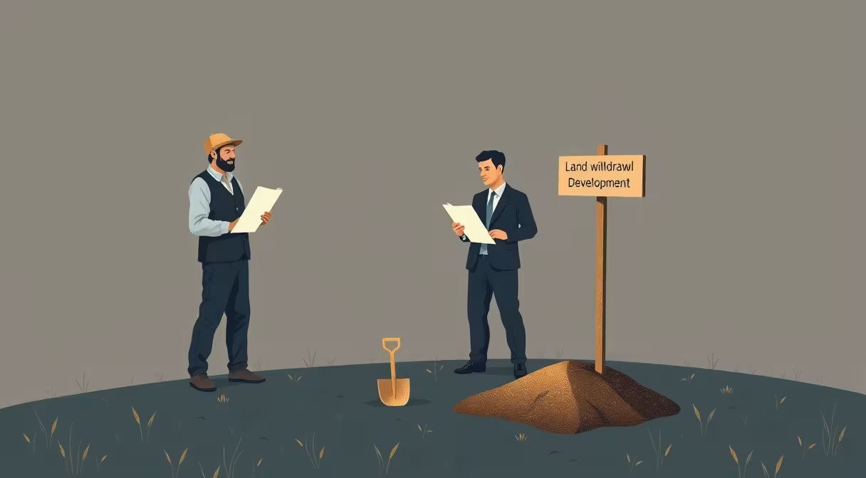 Farmár a úradník pri znaku odňatia poľnohospodárskej pôdy s lopatou v zemi.