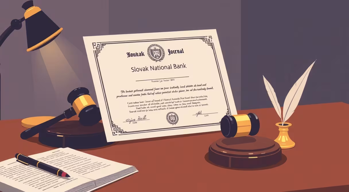 Certifikát Národnej banky Slovenska na stole vedľa kladivka, s perom a kalamárom, osvetlené lampou.