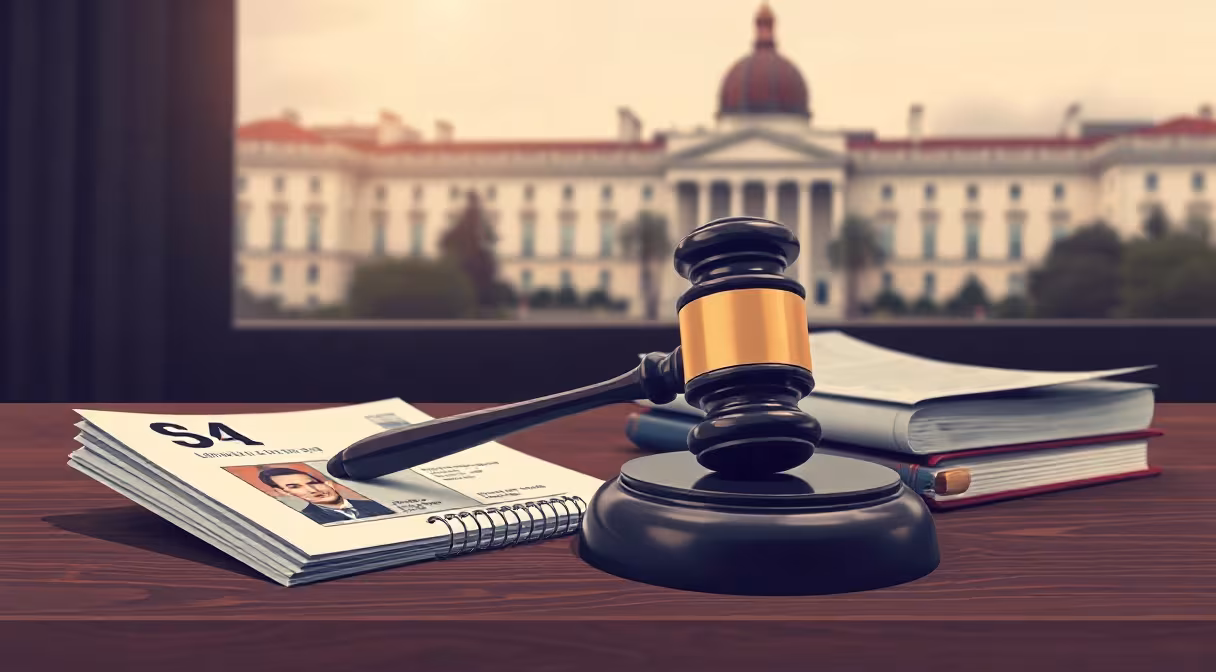 Súdne kladivo, vodičský preukaz a právne dokumenty na stole, v pozadí budova NR SR.