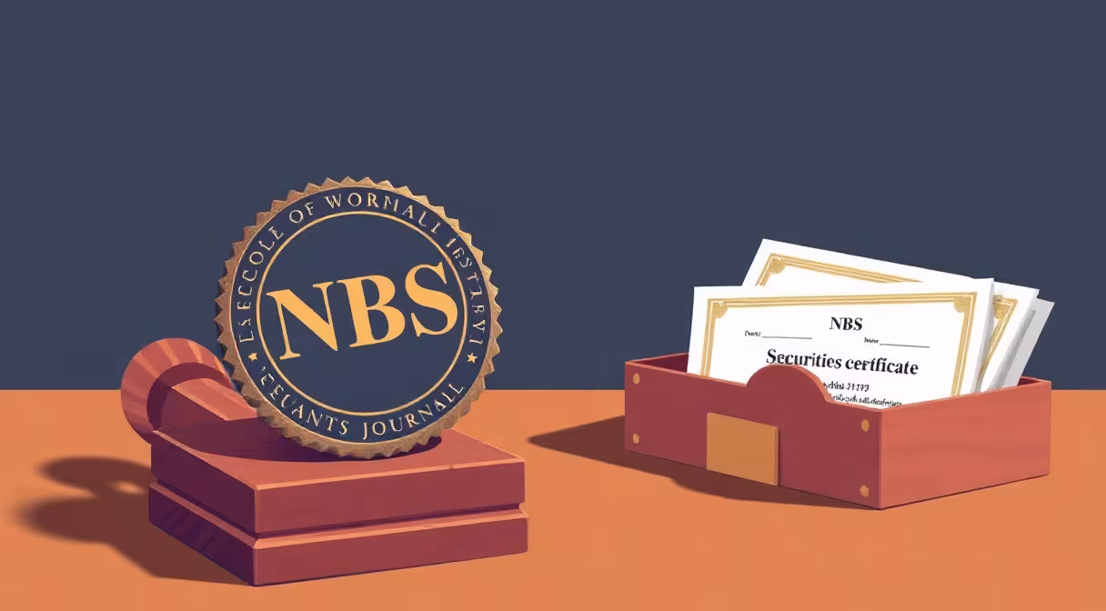 Pečiatka NBS na drevenom stole vedľa balíka cenných papierov.