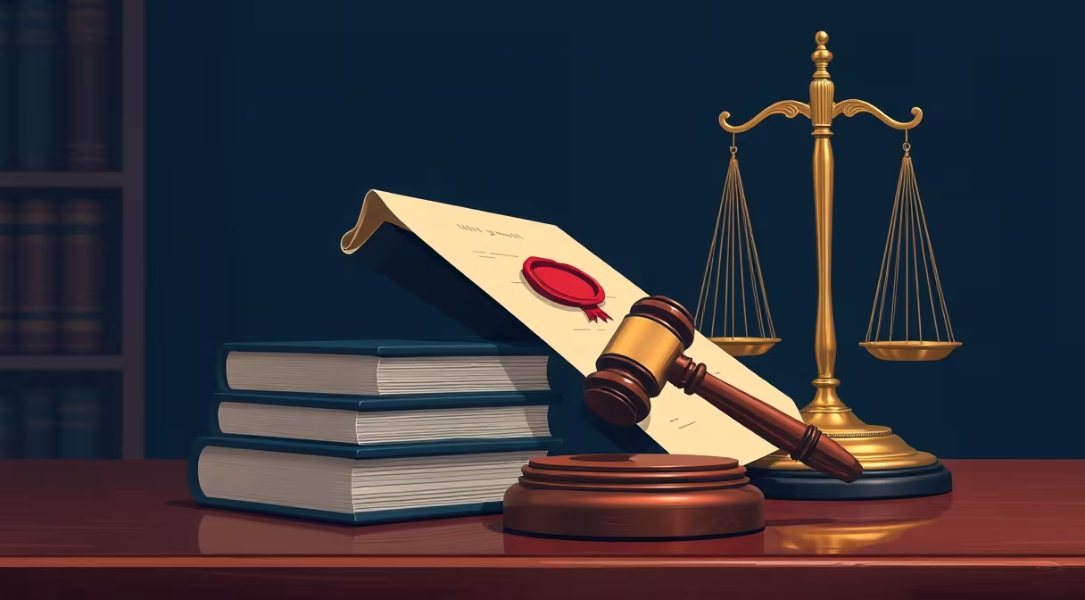 Gavel na právnických knihách s paragrafom a váhami spravodlivosti na súde.