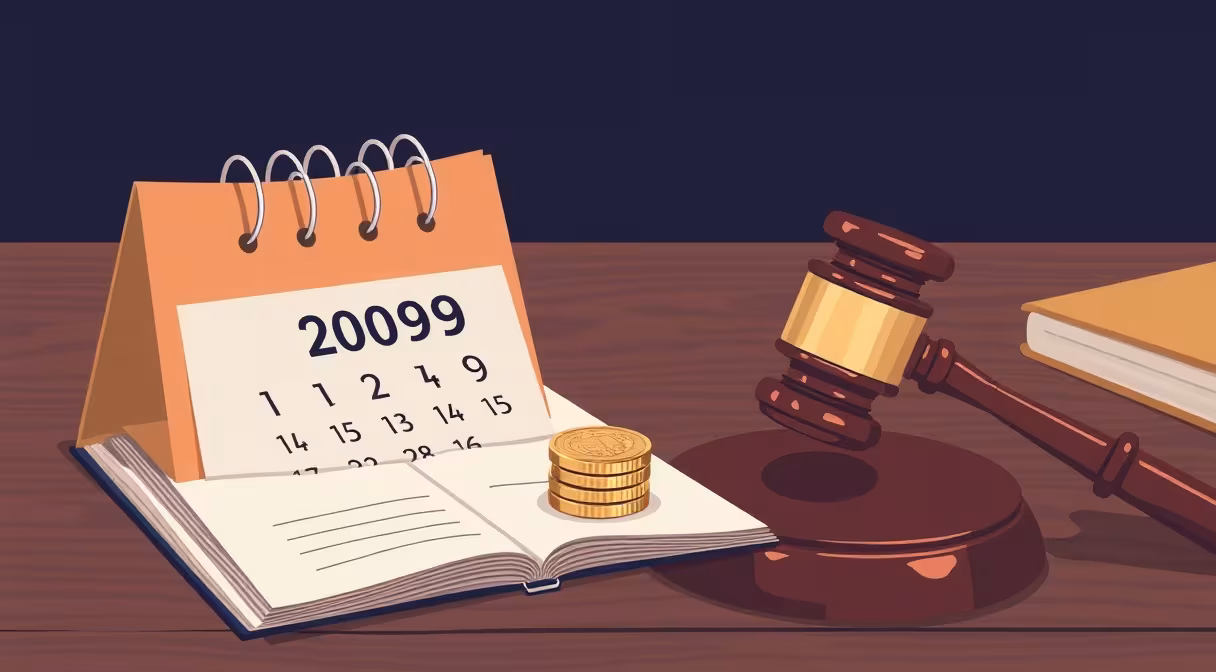Gavel a mince na stole s kalendárom označujúcim zvýšenie minimálnej mzdy v roku 2009.