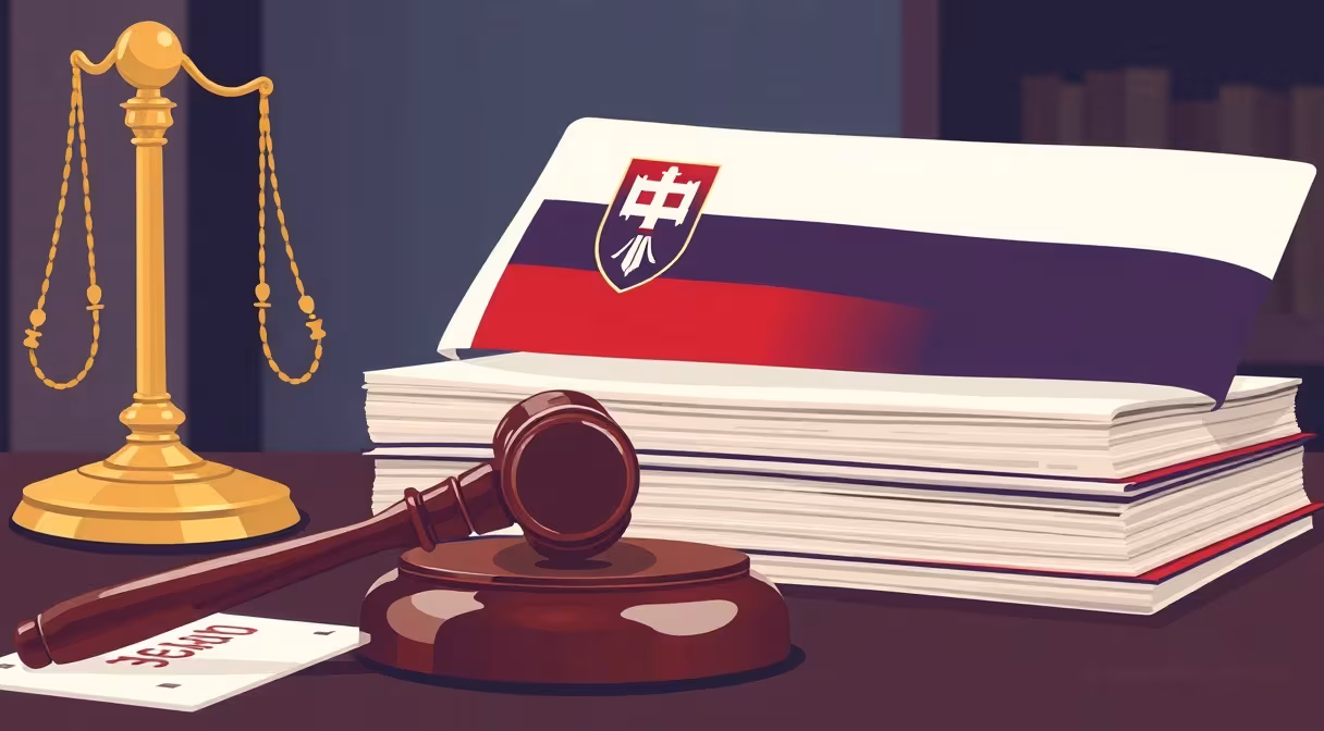 Kladivo a zväzok právnych dokumentov na stole s vlajkou symbolizujúce novelu zákona o poisťovníctve